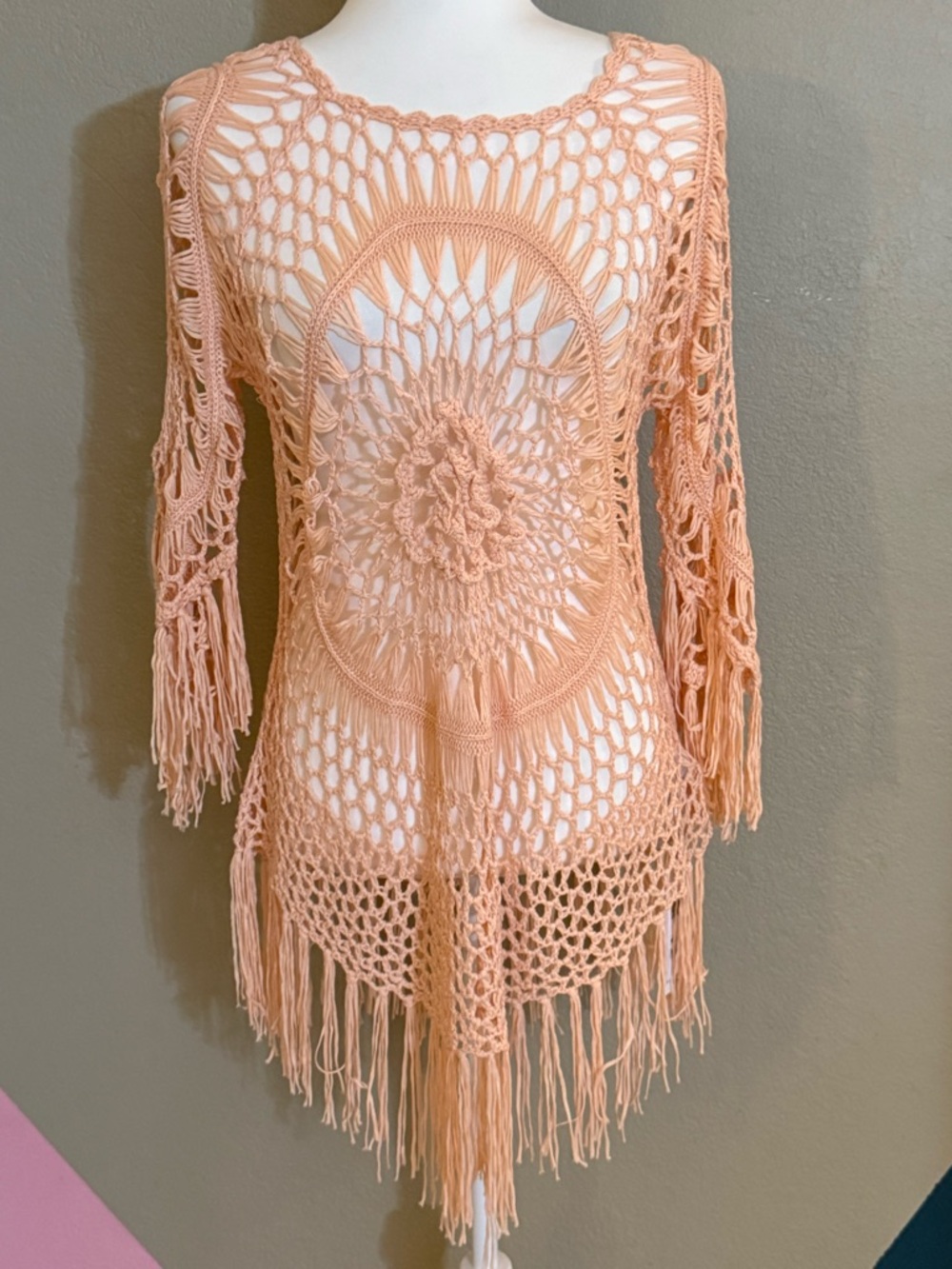 Cupshe Peach Crochet Fringe Swimsuit festival coverup - Picture 3 of 8